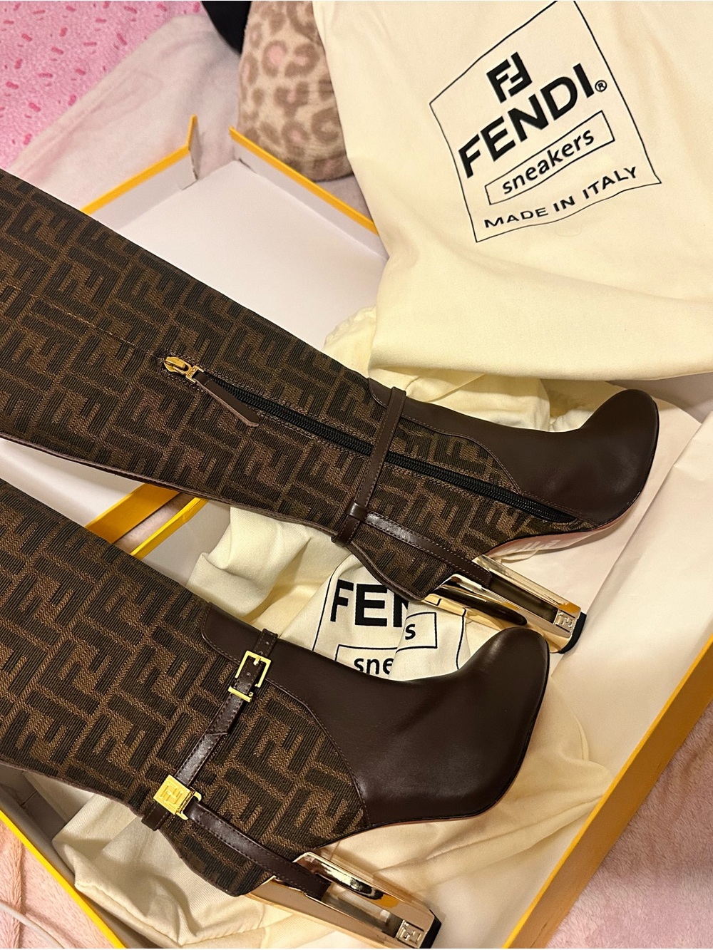 Fendi Brown Monogram Block-Heel Knee Boots with Gold Accents